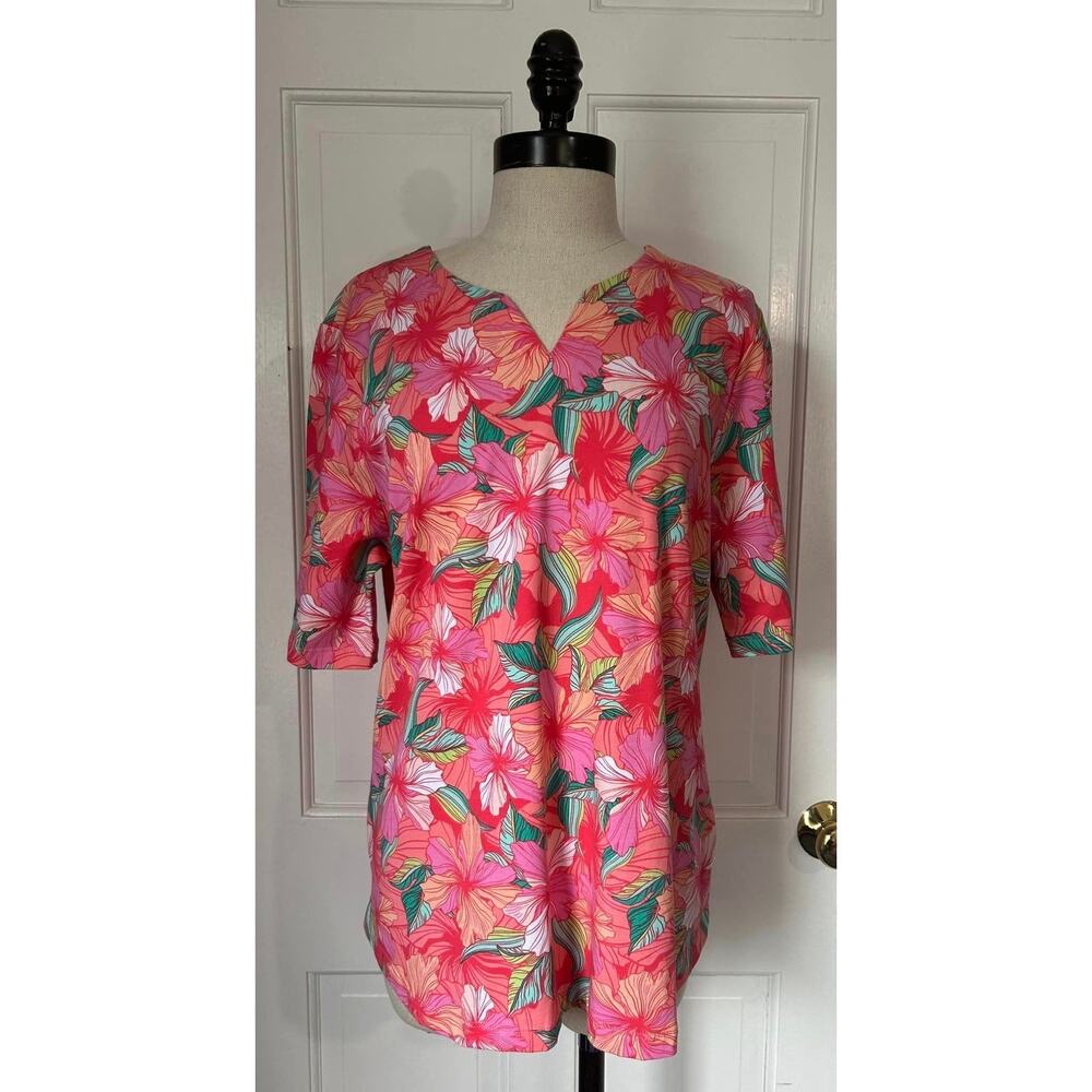 APPLESEED'S Pink Hibiscus Print Tee Shirt Blouse Top Cotton V-neck Womens M